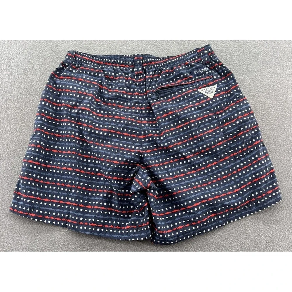 Columbia PFG Omni-Shade Swim Trunks Mens Sz M Navy Blue Stars Fish Americana 6in